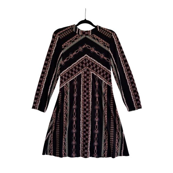 Free People Boho Geometric Print Long Sleeve A-Line Mini Dress Lined sz M - Picture 2 of 5